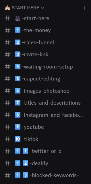 Discord training channels numbered 1 through 13 under START HERE